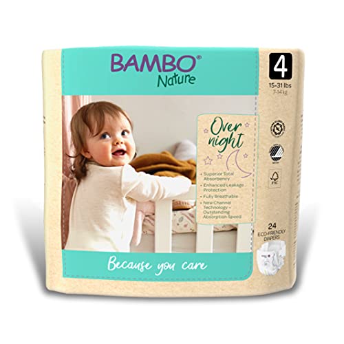 Bambo Nature Overnight Eco-Friendly Baby Diapers (Sizes 3 to 6 Available), Size 4, 24 Count