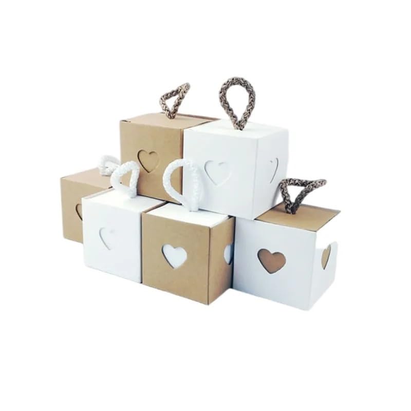 Bolsa de regalo Kraft Caja de regalo de papel Kraft 25/50 piezas, caja de caramelo cuadrada en forma de corazón con cuerda, bolsas de embalaje de mano, suministros de fiesta de cumpleaños y boda