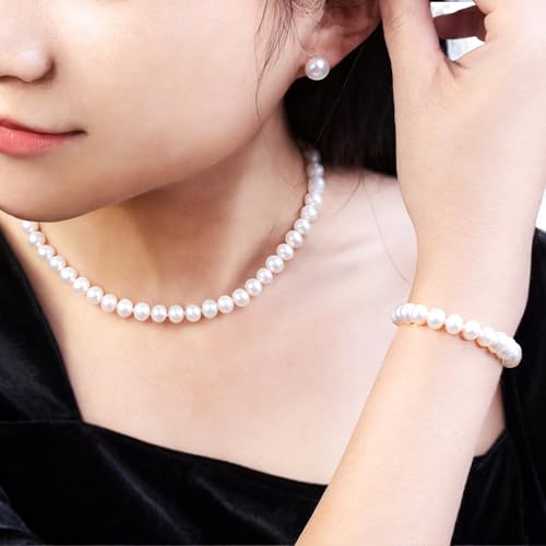 Freshwater Cultured Pearl Necklace for Women - 7-8mm AAA Round Real Pearl Jewelry Set Includes Necklace, Bracelet, Earrings, Perfect for Wedding, Party, Anniversary2