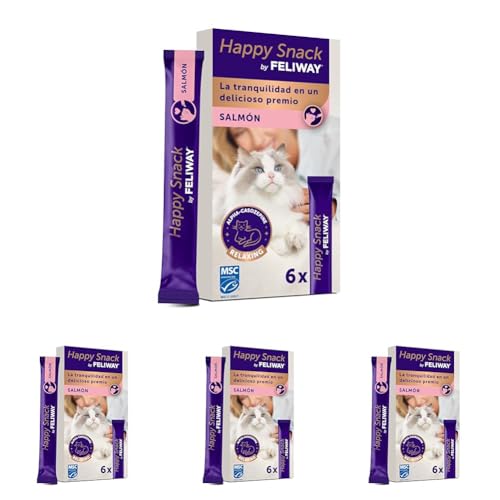 FELIWAY Happy Snack Sabor salmón - Deliciosos y cremosos premios calmantes para Gatos (6 Sobres). Ayuda a los Gatos a sentirse más tranquilos y a Mejorar vuestro vínculo. (Paquete de 4)