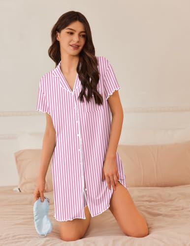 Image of Ekouaer Nightgowns for Women Button Down Sleep Shirt Short Sleeve Sleepwear | Ladies Night Gowns Classic Night Shirt Casual Pajama Dress for Sleep, Wedding, Party, Labor, Delivery, Maternity, Nursing