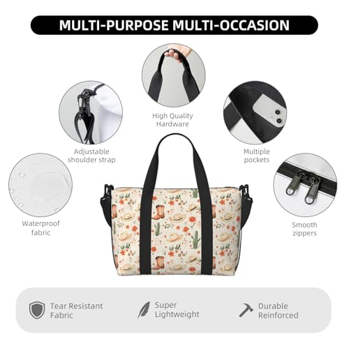 Travel Duffle Bags For Women Men - Boots Cowboy Hat Cactus Print Personal Item Weekender Overnight Gym Carry On Airport Tote Bag With Strap For Yoga, Travel, Business Trips3