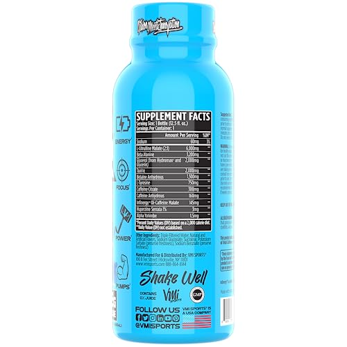 Image of VMI Sports KXR High Stimulant Pre-Workout Energy Ready to Drink 400mg Caffeine, 6g Citrulline, 3.2g Beta-Alanine | Delicious, Convenient, Powerful | 12.5 oz Bottles (Blue Gummy, 12 Bottles)