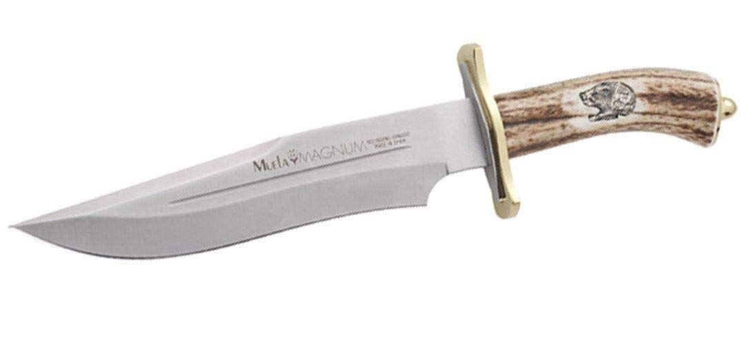 Muela Cuchillo MAGNUM-23 hoja de acero ACX-380 de 23 cm y empuñadura de asta de ciervo para Caza, Pesca, Supervivencia y Bushcraft Realizado en Ciudad Real + Portabotellas de regalo