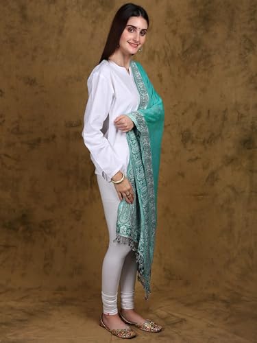 Women's Jamawar Stole from Ludhiana with Paisleys on Border and Plain Core | Beautiful Design Shawl, Scarves3