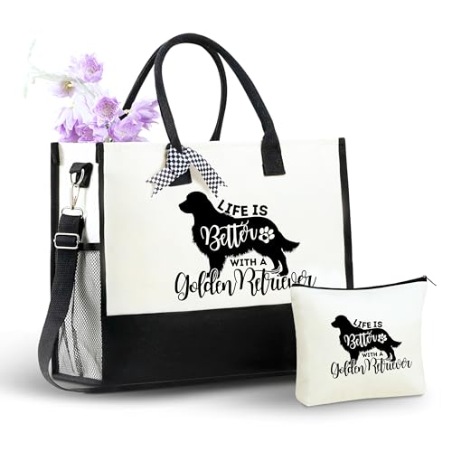 Image of InnoBeta Golden Retriever Gifts, Canvas Tote Bag with Top Zipper Closure and Shoulder Strap for Birthday, Christmas and Every Special Occasion