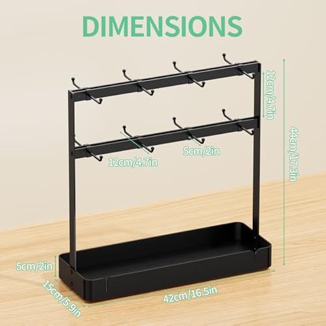 Coffee Mug Holder with 16 Movable Hooks, Metal Coffee Cup Holder for Countertop, 2 Tier Mug Rack with Storage Shelf for Kitchen Office Coffee Mug Rack