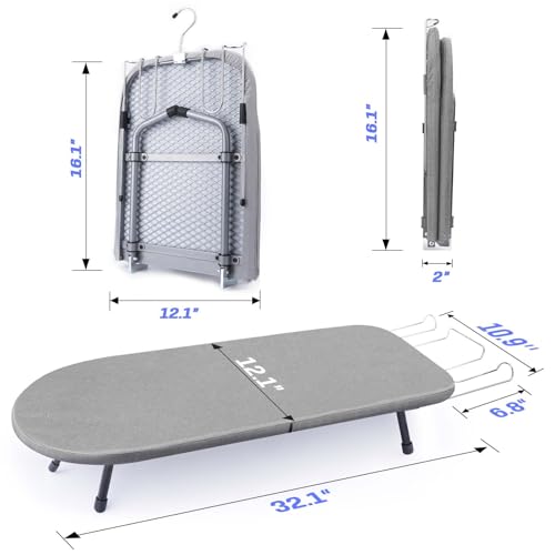 Klappbares Tischbügelbrett mit Eisenständer, Kleines Bügelbrett mit Anti-Rutsch-Klappbeine, Stabil Metallgewebe Bügelbrett für Wohnheime, Wohnungen und Reisen, 83x31 cm, Grau