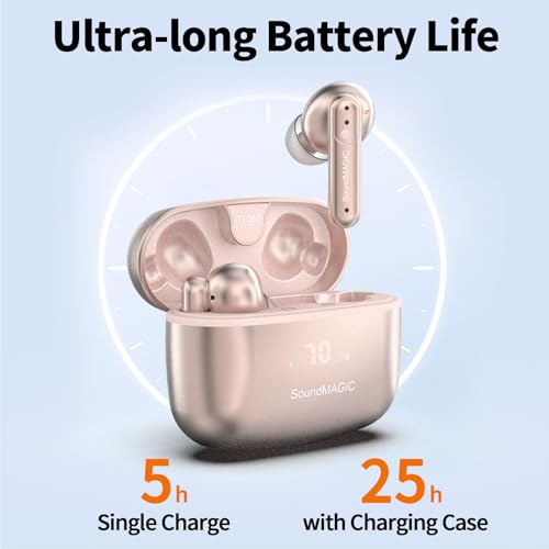 Image of SoundMAGIC T80BT ANC True Wireless Earbuds with Hi-Res Audio,Hibrid Active Noise Cancelling, ENC Call Clarity, 20H Playtime, IPX5 Waterproof, Ultra-Comfy Fit for Sports /Work /Gaming (Pink)