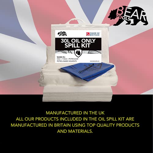 BearTOOLS 120L Spill Kits | White Pads & Socks Absorbs Oil, Fuel, Petrol, HVO, Hydraulic Fluid | UK Manufactured, With Wheeled Yellow Bin, Complete Clip-top Kit + Organic Flame Retardant Compound