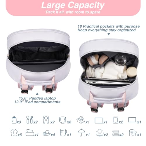 MOMUVO Diaper Bag Backpack, Quilted Baby Bag with Changing Pad & Stroller Straps & Pacifier Case, Large Travel Diaper Bags