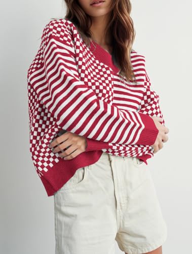 Image of UNCLECAT Womens Striped Checkered Sweater V Neck Fall Trendy Pullover Tops