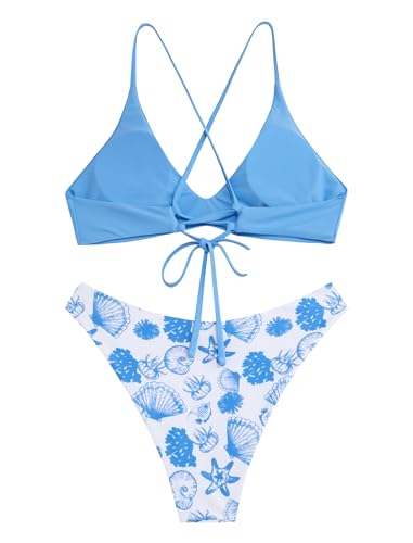 Image of ZAFUL Women's Tie Back Padded High Cut Bralette Bikini Set Two Piece Swimsuit