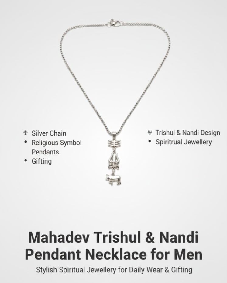Image of Trishul Damru Nandi Pendant Necklace for Men | Silver Plated Mahadev Shiv Chain | Spiritual Religious Stainless Steel Look Jewelry for Daily Wear & Gifting