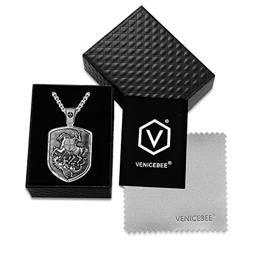 Venicebee St. George Saint Medal Cross Shield Protection Christian Amulet Solid 925 Sterling Silver Pendant Necklace - 24" Inch Box Chain - Black Velvet Pouch - Polishing Cloth - Fine Jewelry Gift Box #TOP5