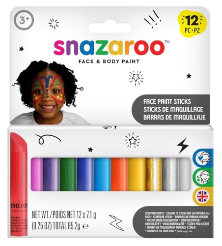 Snazaroo 1172193 Conjunto de Maquilhagem Infantil com 12 Barras de Pintura Facial, Cores de Maquilhagem à Base de Água para Peles Sensíveis com as Quais Criar Efeitos Vivos em Crianças ou Adultos