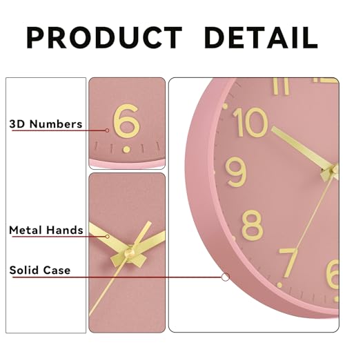 Image of Roymnie Silent Wall Clocks Battery Operated 8 Inch-Modern Non Ticking Analog Clock Decorative for Kitchen Office Bathroom Bedroom(Pink Gold)