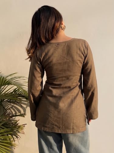 Image of ANNI Designer Short Kurti for Women Solid Design | V Neck Full Sleeve Kurti Tops for Women | Stylish Kurtis & Short Kurtis for Woman | Casual Kurti with Jeans | Kurtas for Woman