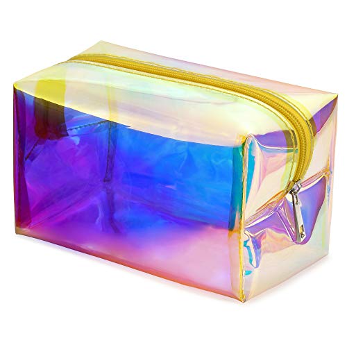 Holographic Makeup Bag, Veckle Clear Cosmetic Bag Large Travel Iridescent Toiletry Pouch Clutch Purse Organizer Hologram Handbag Make-up Storage Cases for Women Girls Gold Yellow Zipper