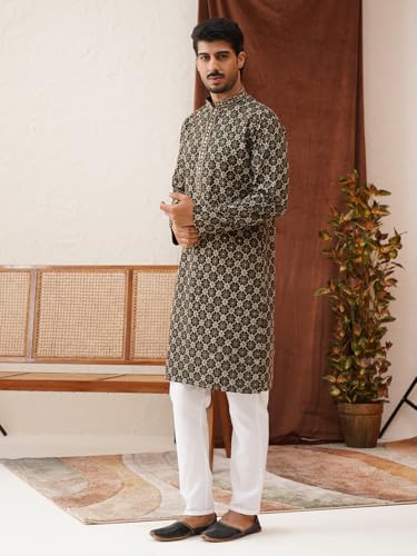 Image of Jompers Olive Embroidered Kurta Pyjama Set For Men (Olive, S)