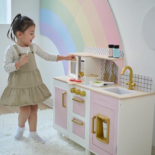 Image of Teamson Kids Little Chef Hampton Wooden Play Kitchen Set, Pink | For Toddlers, 17 Accessories, For Girls and Boys Age 3+, Montessori Style