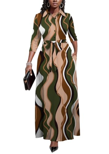Image of Rumwind Maxi Dresses for Women, 3 /4 Sleeve Shirt Collar Casual Afircan Print Church Dress Button Down with Belt and Pockets