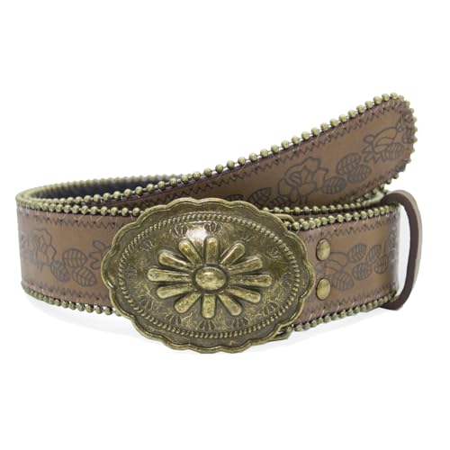 Western Belt for Women Cowgirl Cowboy PU Leather Belts for Jeans, Floral Embossed Vintage Buckle