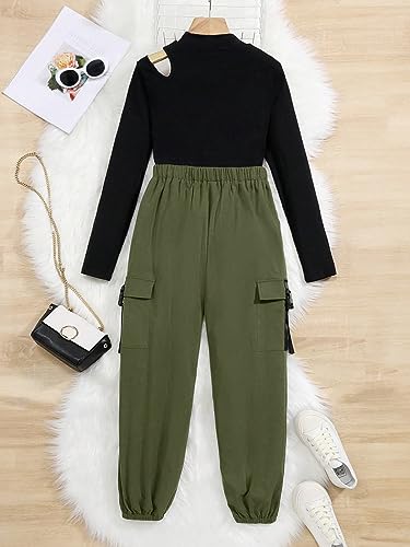 Image of OYOANGLE Girls' 2 Piece Outfits Rib Knit Cut Out Long Sleeve Tops And Cargo Pants Army Green 8-9Y