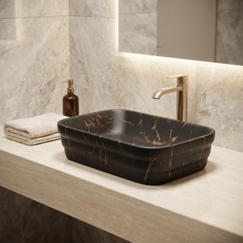 Image of InArt 1081 Wash Basin for Bathroom, Matt Black Marble Tabletop Washbasin, Ceramic Countertop Vessel Sink, 500 x 350 x 130 mm Rectangular Bathroom Sink for Vanity
