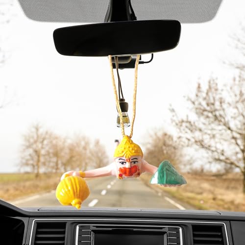Image of Combo Hanuman ji Idol with Double Sided Design and Flying Bajrangbali Haging Ornament for Home Temple & Car Dashboard,Office,Gift-Brass Statue for Good Luck (Gold)(Pack of 02)