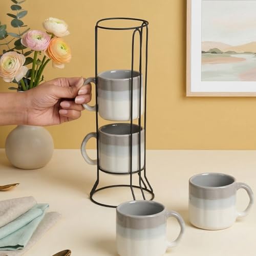 Image of The Earth Store Metallic Grey Frontier Premium Ceramic Tea Cup Set of 4, 200 ML | Microwave and Dishwasher Safe Space Saver Tea Cup with Stand | Coffee Cups for Gifting & Office Use, Every Occasion