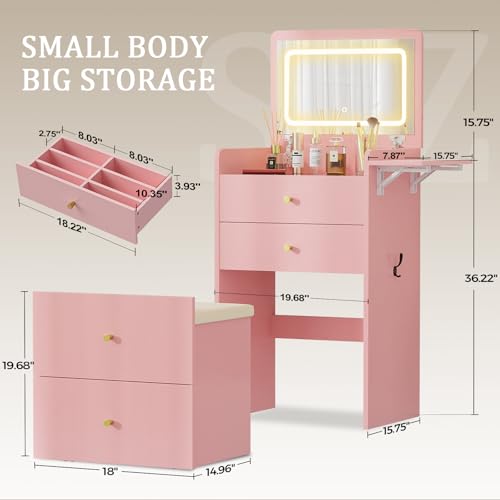 Image of COMHOMA Makeup Vanity Desk with Mirror and Lights, Small 3 in 1 Vanity Table with Visible Glass Top, Flip Top & 3 Drawers, Compact Dressing with Storage Stool for Room or Office