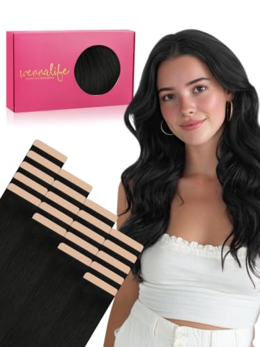 WENNALIFE Fuller Tape in Hair Extensions Human Hair, 18 inch 20pcs 80g Jet Black Remy Hair Straight Tape in Extensions Thicker Skin Weft Tape Ins Extensiones De Cabello Humano