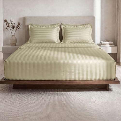 Image of LANE LINEN 100% Cotton Super King Elastic Fitted Bedsheet with 2 Pillow Cases | Damask Stripe 3pc Bedding Set- 1.83M x 1.98M + 30cm Deep Pocket | Breathable Fabric | Oeko-TEX Certified - Linen