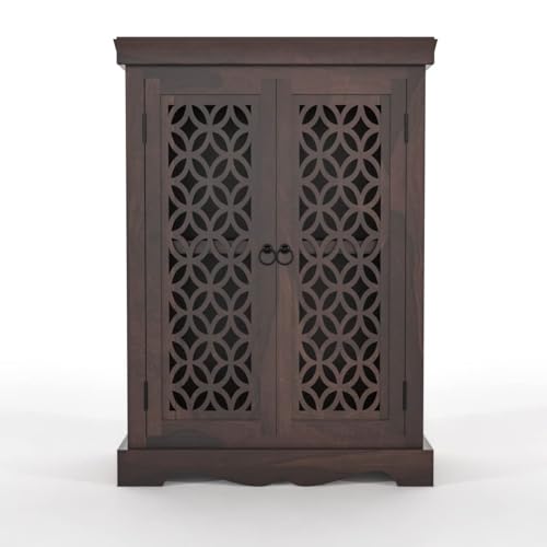 Image of Solid Sheesham Wood Sideboard and Cabinets | Wooden Side Board Small Cabinet for Living Room | Free Standing Buffet Cabinet with 2 Door Cabinet Storage | Rosewood, Walnut Finish
