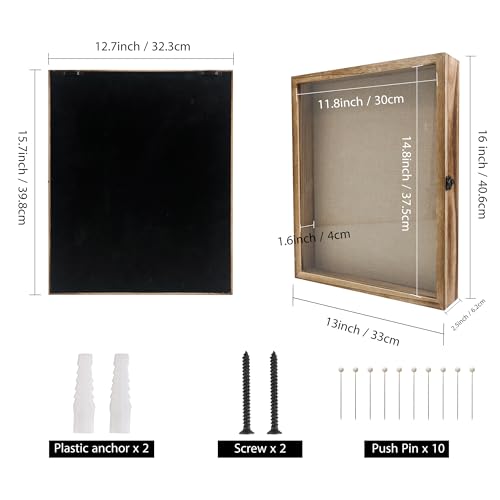 Image of GraduationMall 13x16 Shadow Box Frame Solid Wood Glass Door Display Case with Linen Back and 6 Stick Pins,1.5 inches Interior Depth,Ideal for Memorabilia Pictures Flowers Medals Tickets