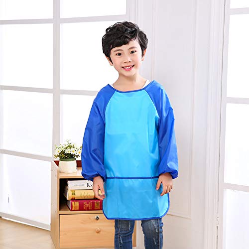Amaza 4 grembiuli da pittura per bambini con maniche lunghe e 3 tasche, impermeabili e riutilizzabili, per bambini dai 2 agli 8 anni, in giallo, rosa, blu e rosso