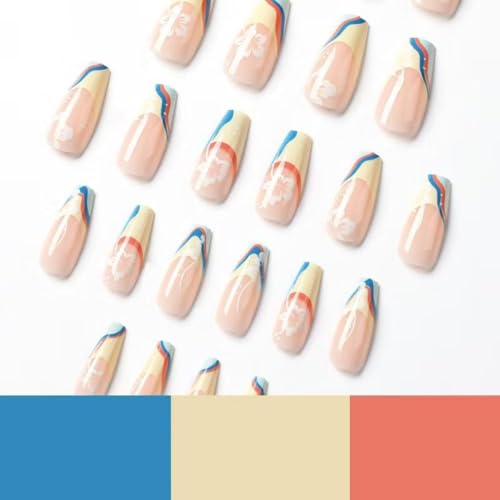 Image of French Tip Press on Nails Yellow Blue Fake Nails with White Flower Design Nude Glossy Glue on Nails Medium Coffin False Nails Artificial Acrylic Full Cover Stick on Nails for Women Manicure 24Pcs