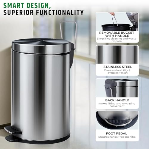 Image of Robustt Dustbin with Pedal - 8L | Silver Stainless Steel trash can | 8 Inch (W) x 12 Inch (H) | Small Trash Can for Bathroom, Bedroom, Toilet, and Kitchen | Durable & Corrosion-Resistant - Pack of 1