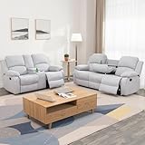 Plithzy Recliner Sofa Set Living Room Furniture, Microfiber Fabric Reclining Sofa Set, Recliner Couch Set with Cup Holders for Office Home (Sofa and Loveseat Set, Grey White)