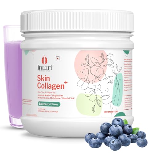 Image of Inaari Collagen Supplements For Women | Marine Collagen Type 1 and 3 Japanese Powder | Contains Glutathione, Vitamin C & E For Glowing Skin | Blueberry Flavor | 200 g