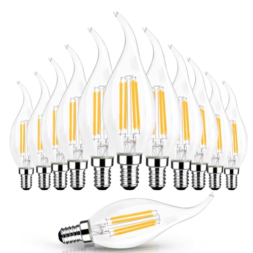 Catálogo de Apliques en forma de vela los mejores 10. 49 Bombilla LED Candelabro E12, 2700K Bombillas De araña, Equivalente 60W, Bombillas LED filamento de llama regulables - Paquete 12, Blanco cálido suave