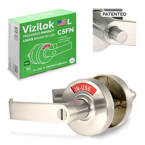 VIZILOK ADA Compliant, Single Egress Indicator Privacy Lock C5FN-L Durable ANSI Grade 2 Comp Commercial Left Handed Non Reversible in-Use or Vacant Push Button Lever - Satin Nickel by VIZILOK - Used condition - US$137.20