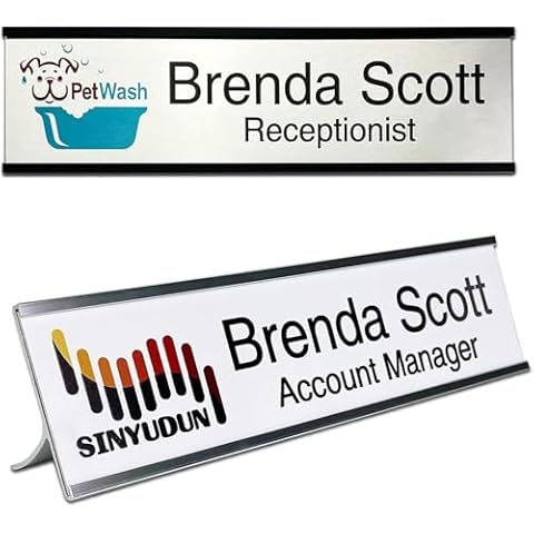 2" x 8" Personalized Aluminum Name Plates, Custom Office Desk or Wall Name Plates, Can Add Custom Logo Image and Texts, Two Name Plates Colors Silver, White, Holders are Optional (Custom Image+Text) Cover