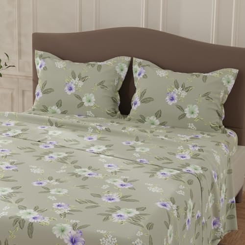 Image of Layers 100% Cotton Bedsheet for Double Size Bed | Lumina Floret Collection | 144 TC Soft & Breathable | Floral Print with 2 Pillow Covers | Wrinkle Free | 3 Piece Bedding Set - Grey & Purple