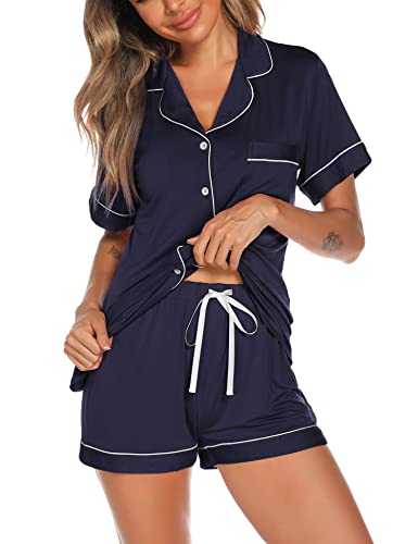 Aamikast Button Up Pajama Set for Women Shorts Short Sleeve Knit Sleepwear 2 Pice Pjs Sets3