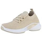  VAN HILL Damen Sportschuhe Laufschuhe Blockabsatz Schnürer Sportliche Strick Schnürschuhe Profilsohle Turnschuhe 203631 Beige 39