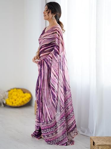 Image of Satrani Women's Georgette Printed & Mirror Work Saree with Unstitched Blouse Piece