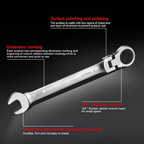 Image of WISEUP Ratchet Wrench, 12mm Flex Head Ratcheting Wrench, CR-V Anti-slip Labor-saving, 2 in1 Industrial Wrench, Mechanic Automotive Tools
