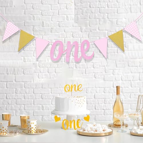 Image of Rozi Decoration Pink One Bunting Banner for First Birthday Parties Decorations, One Bunting Banner for 1st Birthday, Baby Girl Birthday Decoration Kit 1 Year Pack of 1 Set